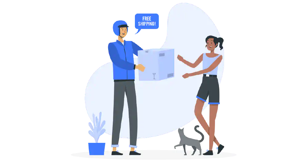 Illustration showing cross-border trust signals such as local delivery, easy returns, and clear shipping messaging helping an international customer feel confident buying.