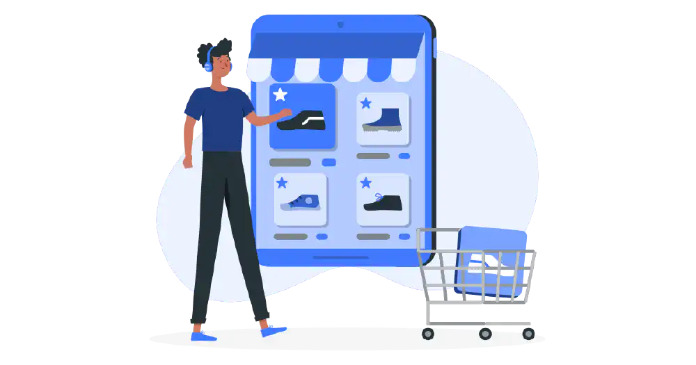 Illustration showing local search results in a new market where retailers, marketplaces, ads, and comparison sites compete with the official brand website.